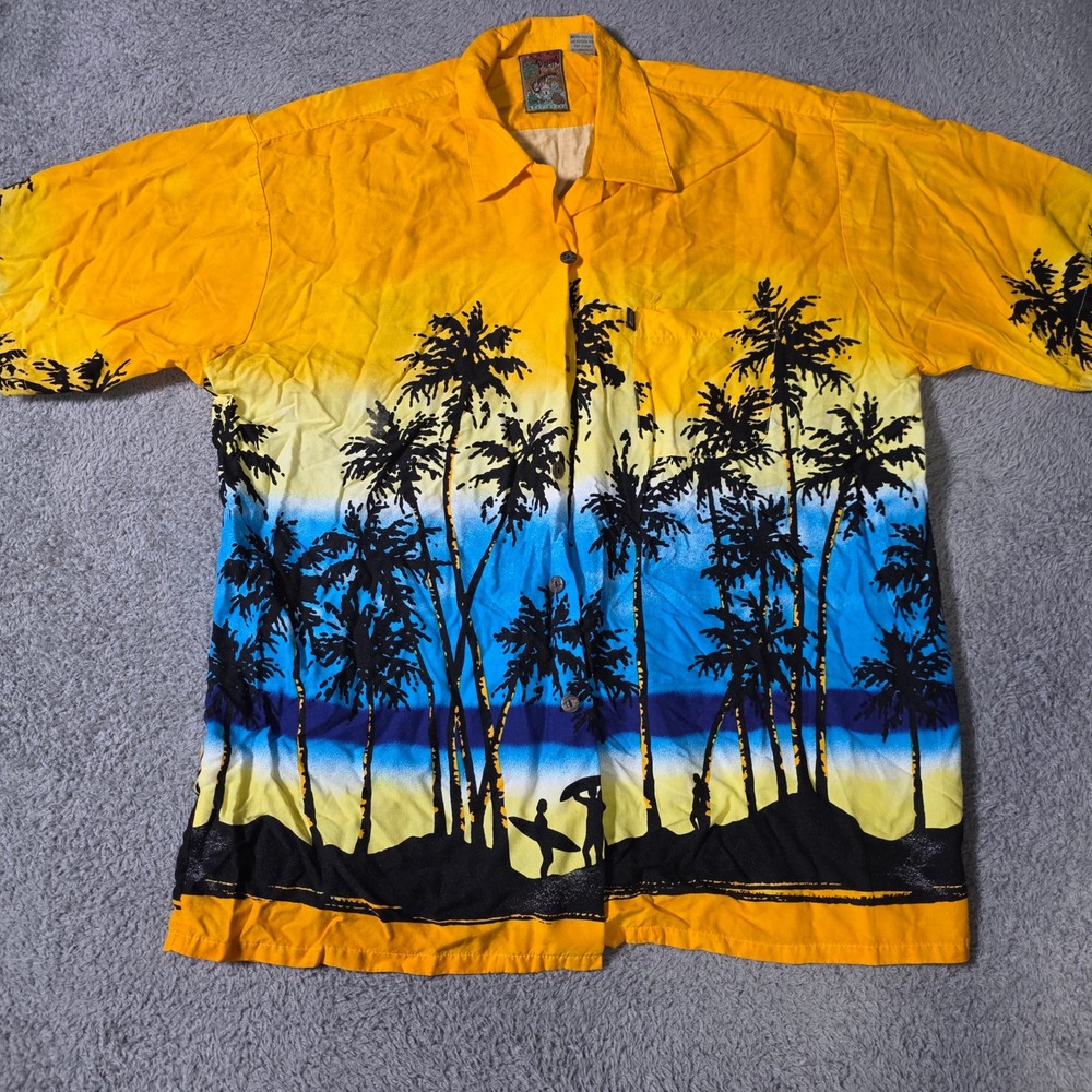 Pineapple Connection Mens XL Hawaiian Shirt Yellow Sunset Palm Tree Surfer Rayon